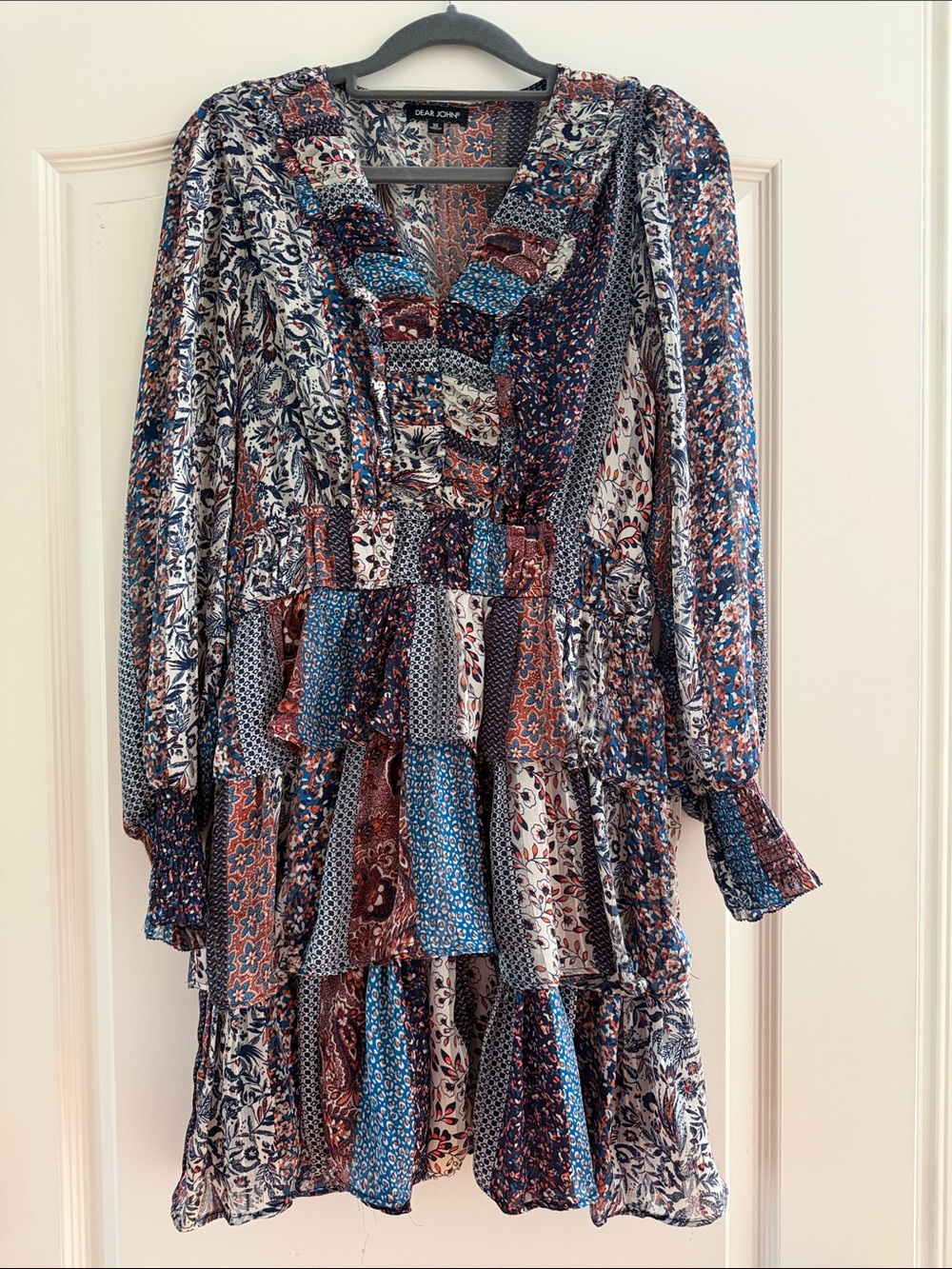 Dear John Boho Tiered Patchwork Long Sleeve Dress in Blue & Brown